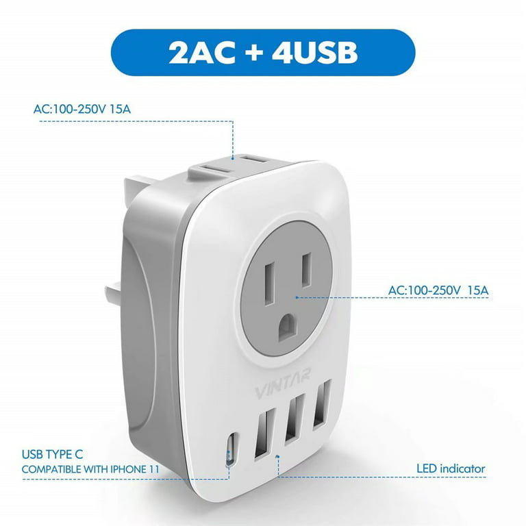 VINTAR Travel Adapter for US to UK Plug Adapter, Type G Plug Adapter,  International Outlet Adaptor with 4 USB Charger Ports, Adaptor for USA to British  England Scotland Irish London Hong Kong