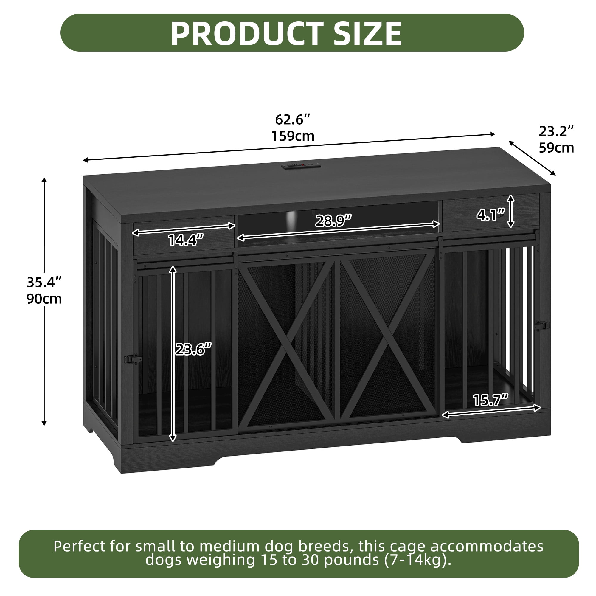 Uforic 63" Dog Crate Furniture with 2 Drawers,TV Stand with Charging Station 63" Large Wooden Indoor Dog Kennel - Gray
