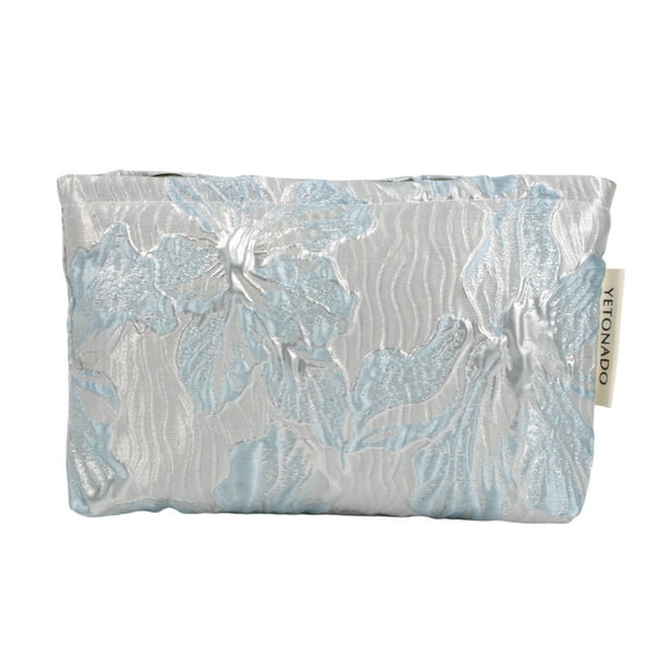 Bolsas de mano de maquillaje con diseño de flores en relieve, 1 Pc, versátil, para vacaciones, grande, azul, de poliéster