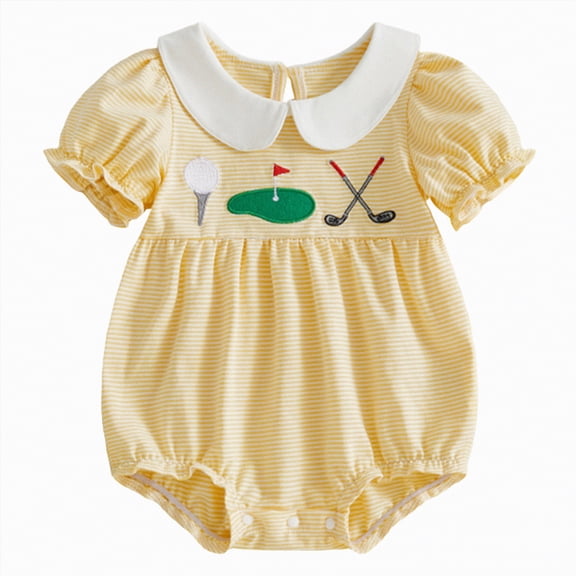 mgoYE Newborn Baby Girl Golf Outfit Bubble Romper Ruffle Sleeveless Striped Bodysuit Infant Summer Clothes|Yellow 3-6 Months