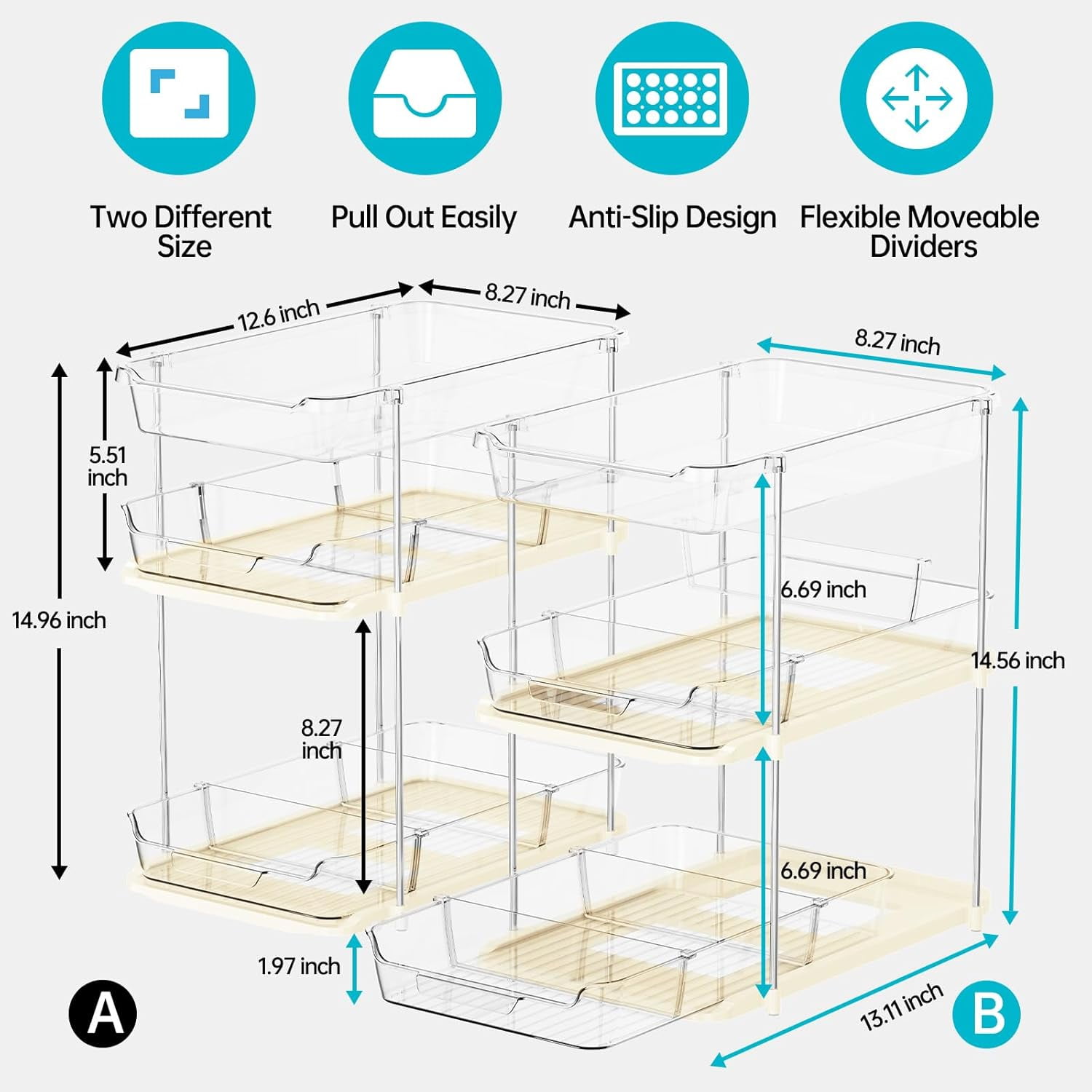 2 Pack 3-Tier Bathroom Under Sink Organizers and Storage, Multi-Purpose Stackable Pantry Organization and Storage, Pull Out Clear Kitchen Bathroom Cabinet Organizer with Movable Dividers, Beige