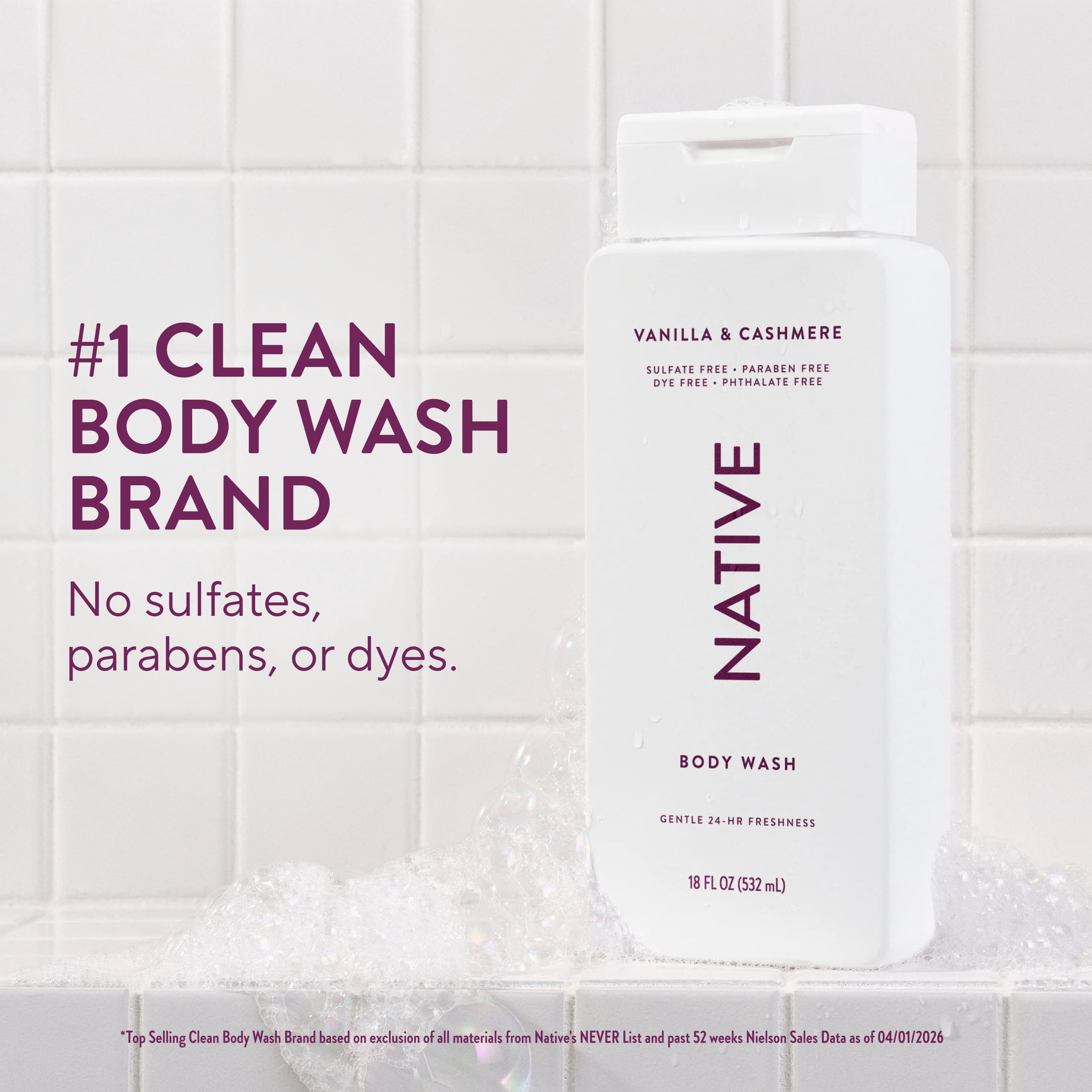 Native Body Wash, Vanilla & Cashmere, Sulfate Free, for Women & Men, 18 fl oz