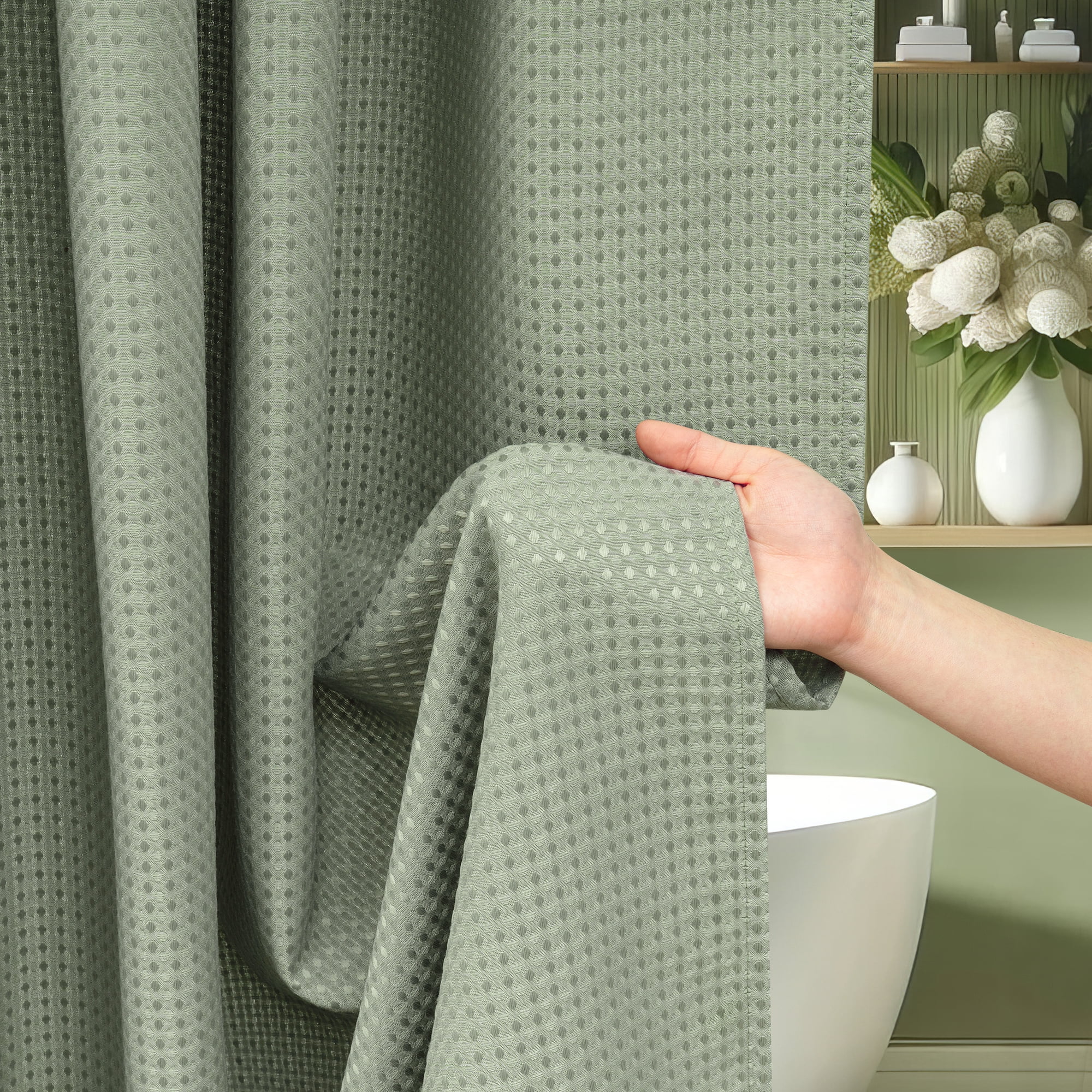 Inosoo Waffle Textured Shower Curtain, 72"W x 96"L Heavy Duty Tall Fabric Shower Curtains for Bathroom, Long Large Hotel Spa Luxury Cloth Bath Curtain, Sage Green