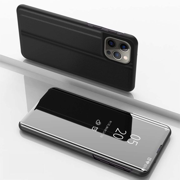 Compatible with iPhone 12 Pro / 12 6.1" Case Clear View Window Electroplate Plating Flip Folding Stand Scratchproof Full Body Protective Flip Slim Rugged Anti-fall Phone Case,Black