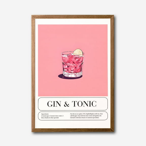 Modern Gin & Tonic Cocktail Recipe Canvas Wall Art – Pink Minimalist Bar Decor