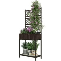 GVN Outdoor Wicker Planter with Trellis for Climbing Plants, Freestanding Rattan Garden Box with Storage Shelf, Brown
