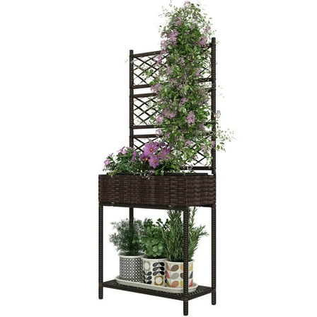 GVN Outdoor Wicker Planter with Trellis for Climbing Plants, Freestanding Rattan Garden Box with Storage Shelf, Brown