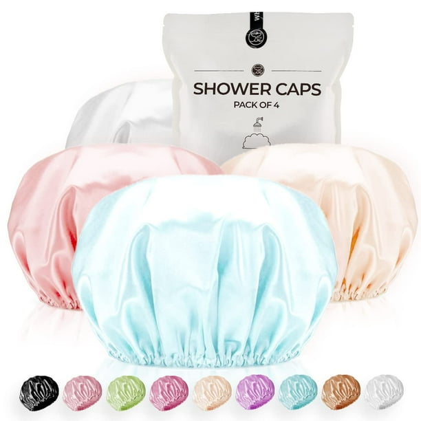 Gorro de ducha para mujer, reutilizable, extra grande, gorros de ducha para hombres, satén, doble capa, EVA, impermeable, gorros de pelo largo (gris claro, dorado claro, rosa melocotón, azul lago, paq