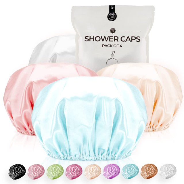 Gorro de ducha para mujer, reutilizable, extra grande, gorros de ducha para hombres, satén, doble capa, EVA, impermeable, gorros de pelo largo (gris claro, dorado claro, rosa melocotón, azul lago, paq