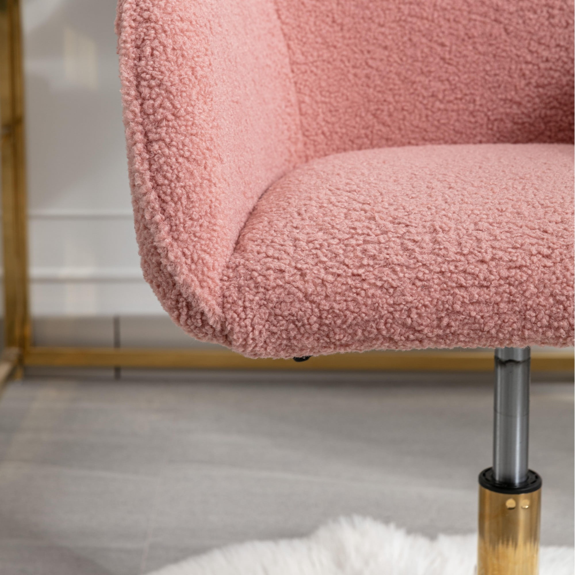 Pink Office Chair,Swivel Home Office Chair with Wheels,Modern Teddy Vanity Task Computer Chair with Adjustable Height