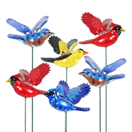 Exhart 6 Piece 4" WindyWings Songbird Plant Stake Assortment, 6.5 x 4 x 16 inches, Plastic, Multicolor