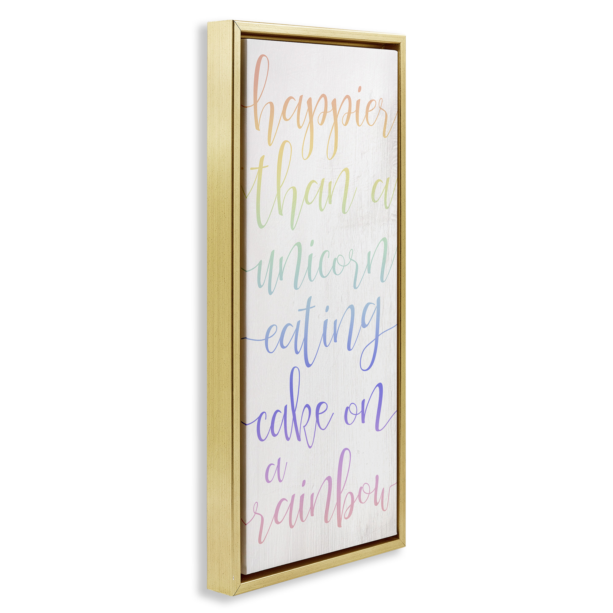 Stupell Industries Happier Than Unicorn Humor Typography Painting Gold Floater Framed Canvas Art Print Wall Art, 15 x 31