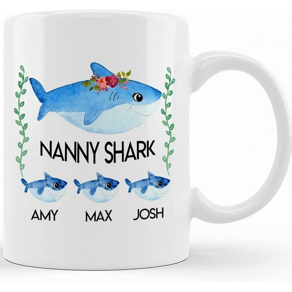 Personalized Babysitter Gift, Christmas Gift For Nanny, Custom Nanny Shark Mug With Kids Names, Nanny Birthday Gift, Babysitter Thank You Gift, Nanny Mug, Ceramic Novelty Coffee Mugs 11oz, 15oz Mug,