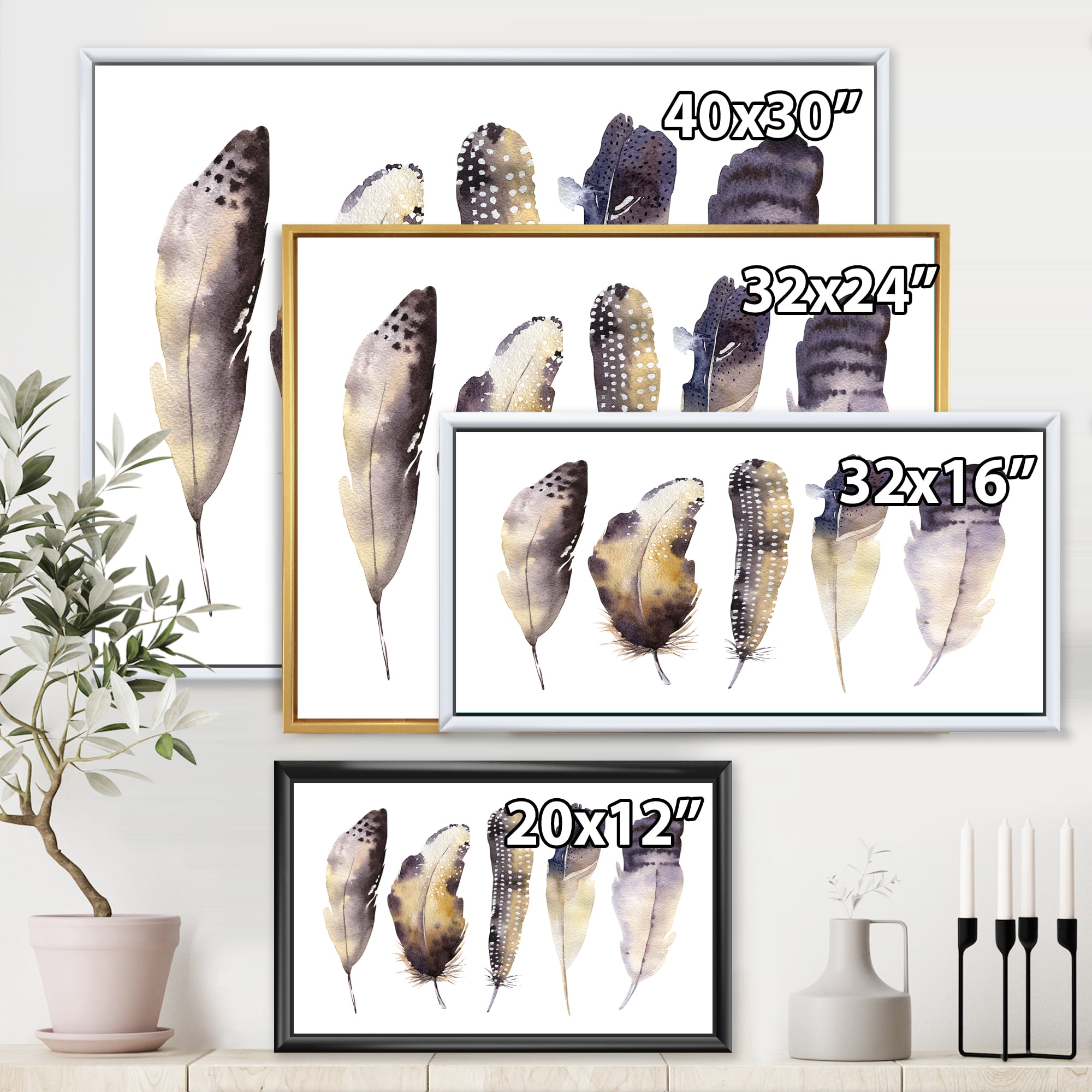 Designart 'Dark Gray Feathers Boho Ethnic I' Bohemian & Eclectic Framed Canvas Wall Art Print