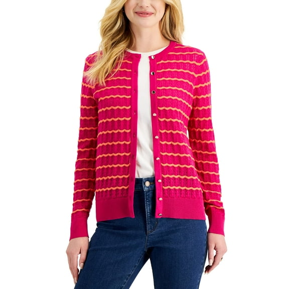 Charter Club Womens Wavy Stripe Button Cardigan Pink Tutu L