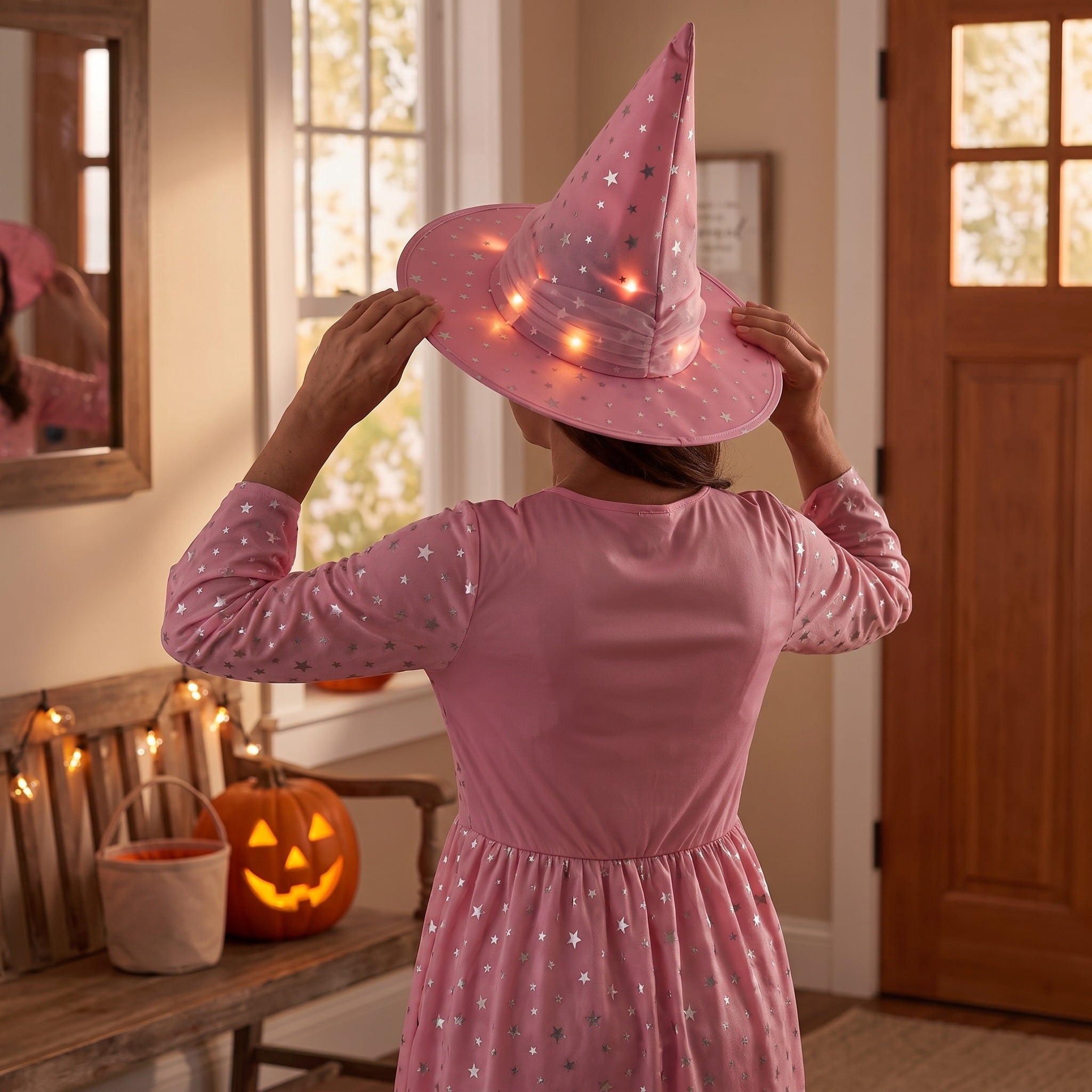 Light-Up Witch Hat Costume Accessory for Adults, Pink and Silver, Halloween by Way To Celebrate