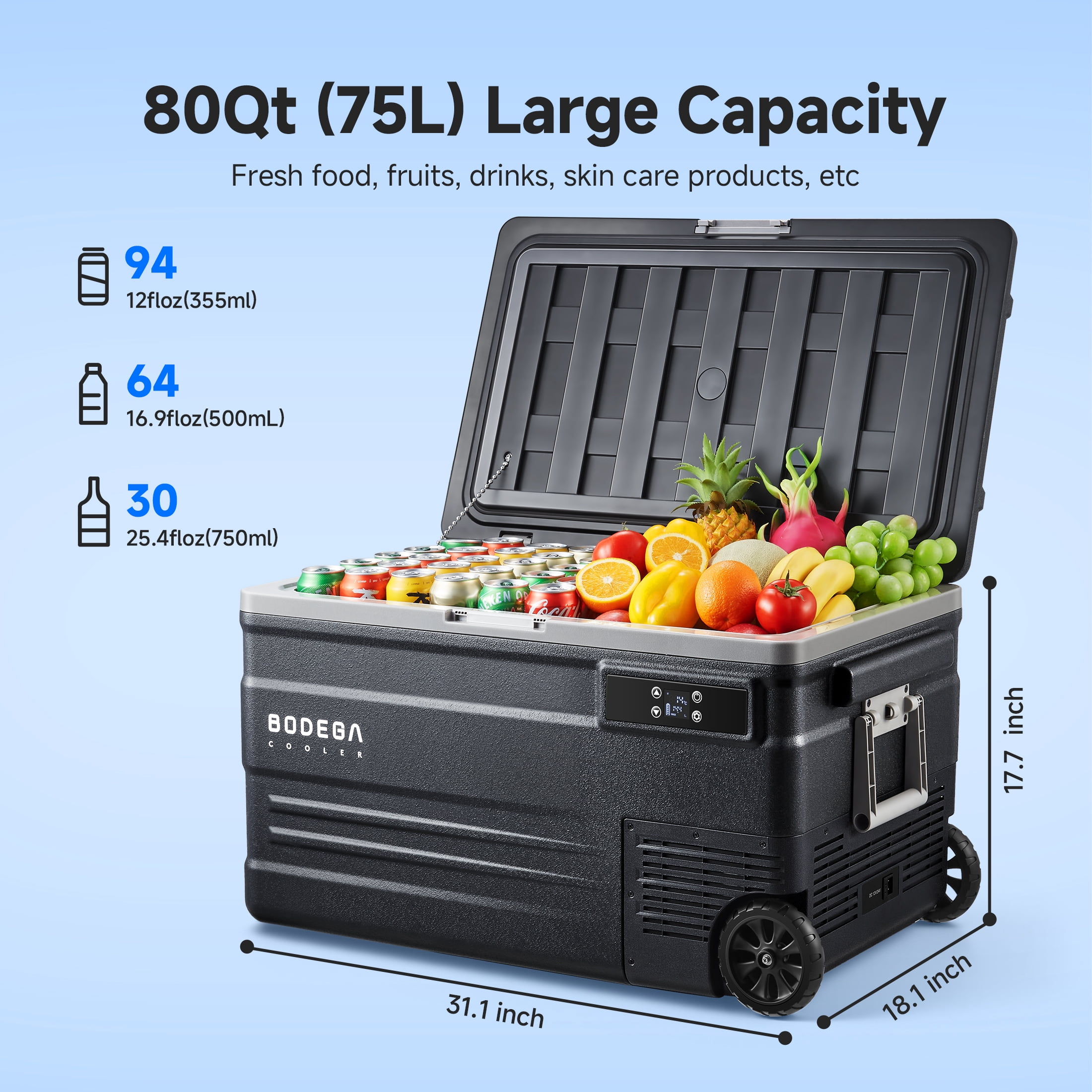 BODEGA U75  12 Volt Car Refrigerator 80 Quarts 75L Portable Car Fridge 12V/24V DC & 100-240V AC for RV, Travel,  Camping, Car Fridge Freezer
