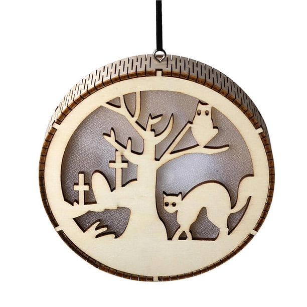 Luz Hueca De Madera Para Halloween Con Patrón De Bruja, Decoración Colgante Led Redonda De Halloween Para Ventana, Cerca De Árbol, Puerta, Escritorio De Oficina Advancent HA027580-03
