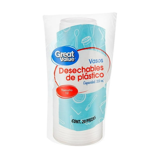 Vasos desechables Great Value de plástico capacidad 359 ml 20 pzas