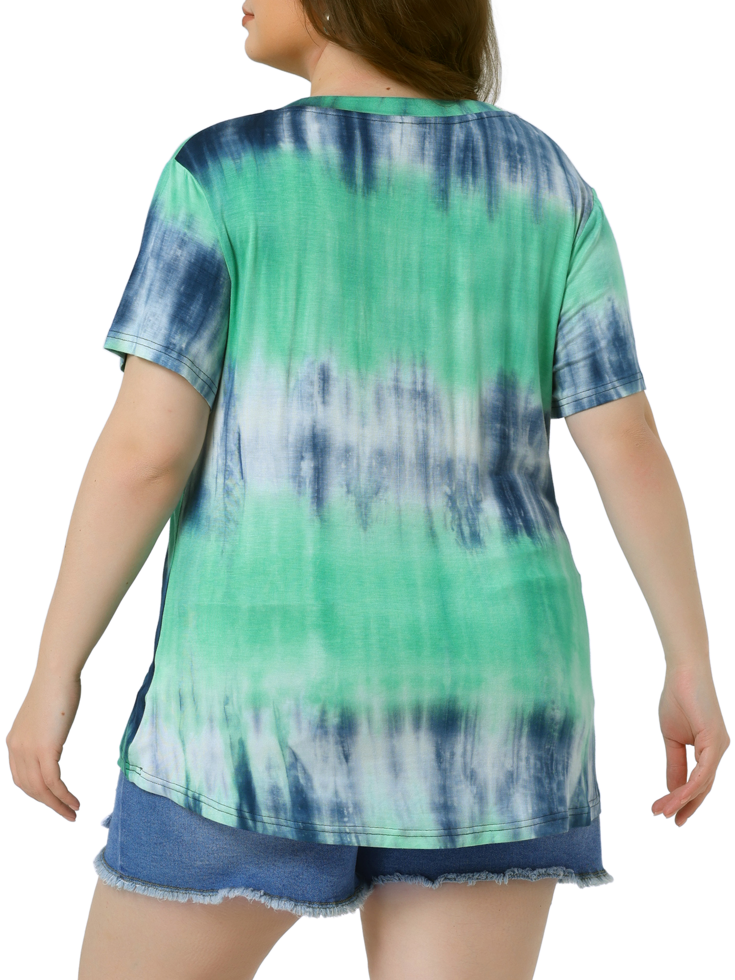 DARING DIVA Women's Plus Size V Neck Short Sleeve Tie Dye Tunic Top 1X Green