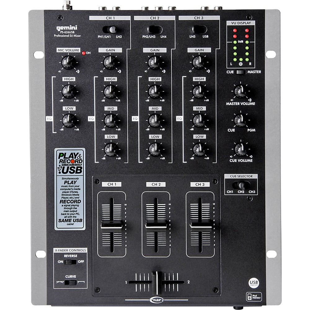 Gemini PS626USB 3Channel USB DJ Mixer
