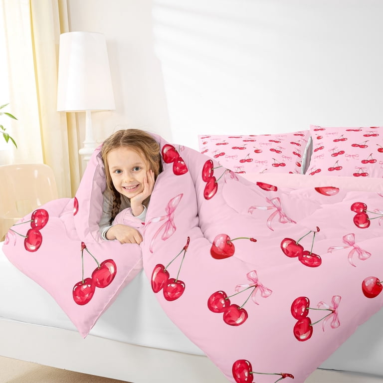 jejeloiu Cute Cherry Bedding Comforter Set,Kawaii Bowtie Bow Twin