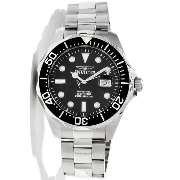 Invicta Men's Grand Diver Black Carbon Fiber Dial Black Bezel Stainless Steel Bracelet Dive Watch 12562