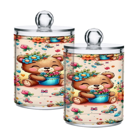 Ryvnso 2 Pack Qtip Holder Organizer Cartoon Bear in Flowers Bathroom Cotton Swabs Cans Storage Canister