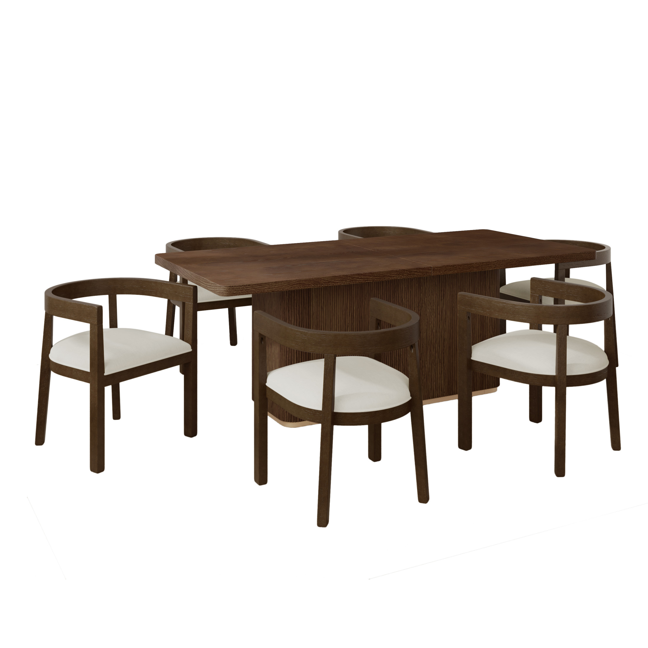Christopher Knight Home 7-Piece Dining Set, 84" Walnut Rectangular Table with 6 Beige Upholstered Arm Chairs