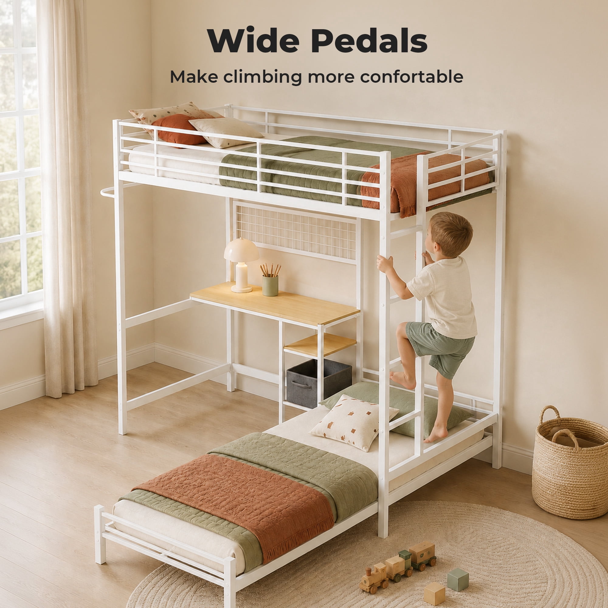 Alvantor Bunk Bed Twin over Twin for Kids, Metal Bunk Bed with Desk White