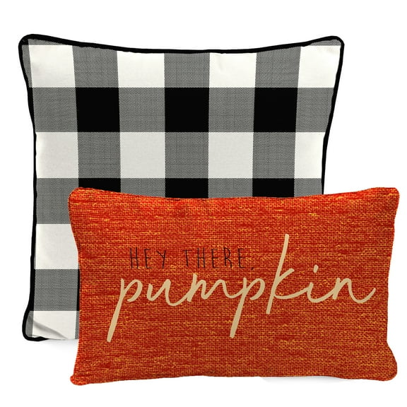 Jordan Manufacturing Orange Pumpkin Rectangular and Black and White Buffalo Check Square 2 Piece Autumn Outdoor Throw Pillow Set