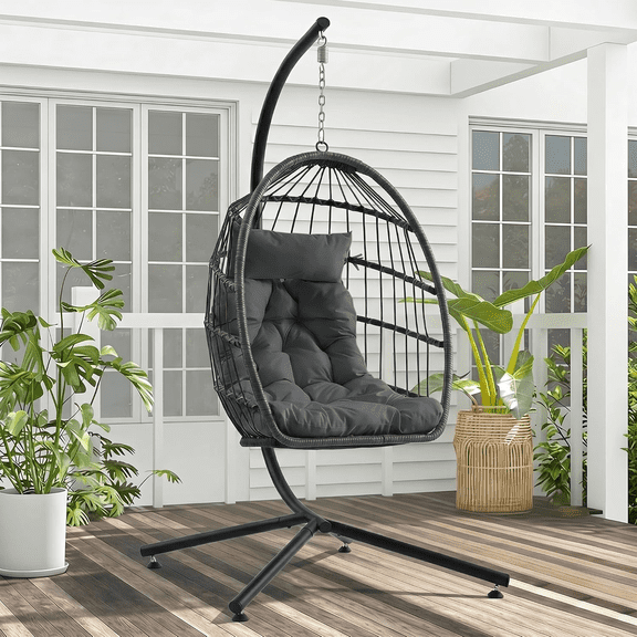 Magic Union Egg Chair with Stand, Hanging Rattan Wicker Swing for Indoor Outdoor Use, Swing Hammock Chair with Cushion & Headrest, 350 Lbs Capacity for Patio, Balcony, Porch, Bedroom