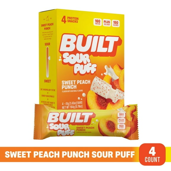 BUILT Sour Puff Protein Bar, Sweet Peach Punch, 16g Protein, Collagen, 150 Calories, 4 Count Box, 1.45 oz Bars