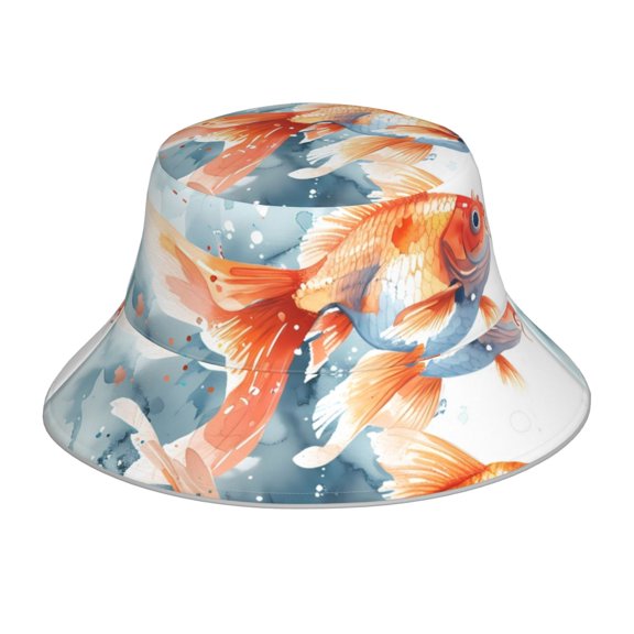 KLL Three Goldfish Watercolor Splash Bucket Hat for Women Men Packable Travel Beach Sun Hat Outdoor Rave Accessories Reflective Fisherman Cap