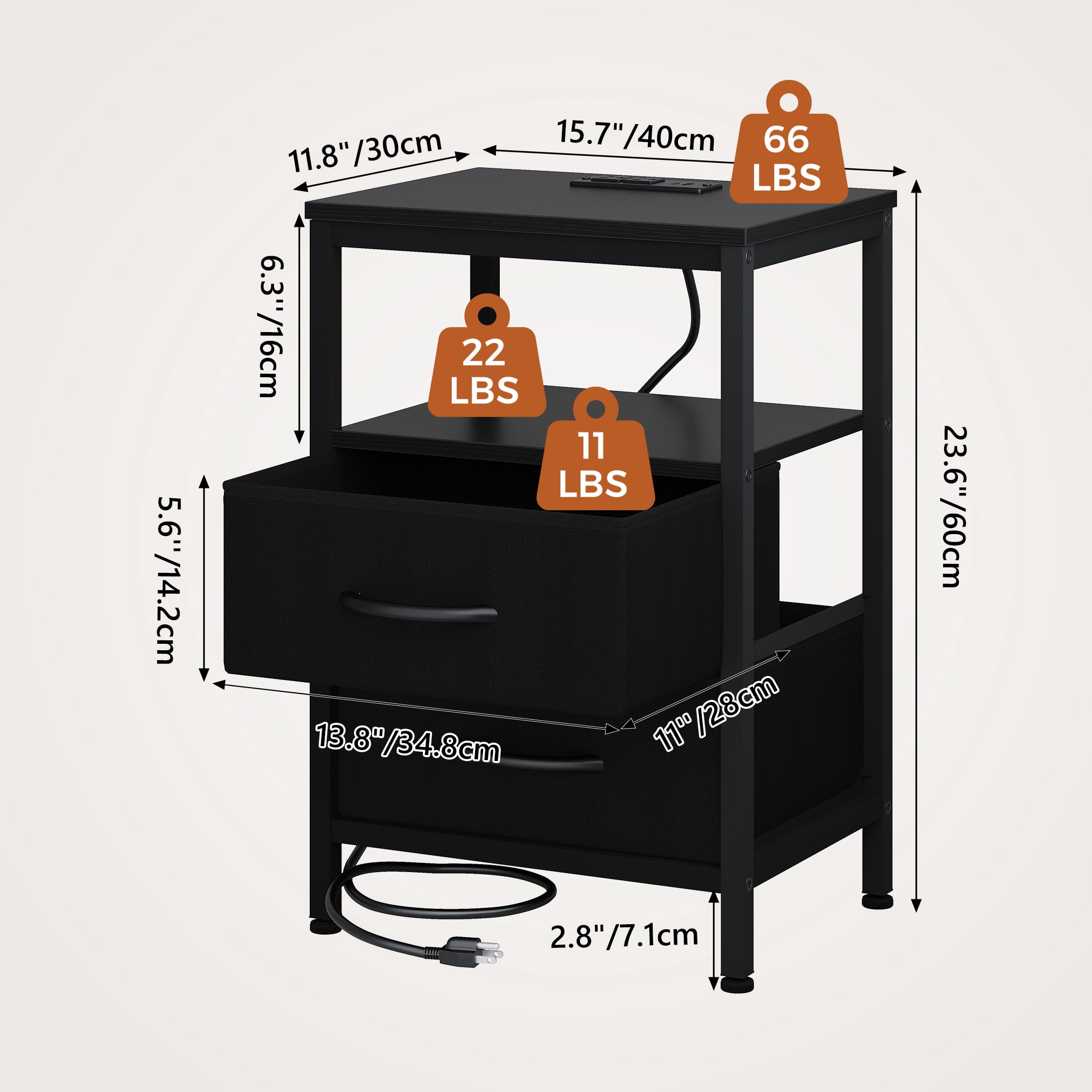 EDX Wall-mounted bedside table, featuring a built-in socket with USB/Type-C interface and adjustable drawers (two drawers). Suitable for bedroom space-saving design. Black