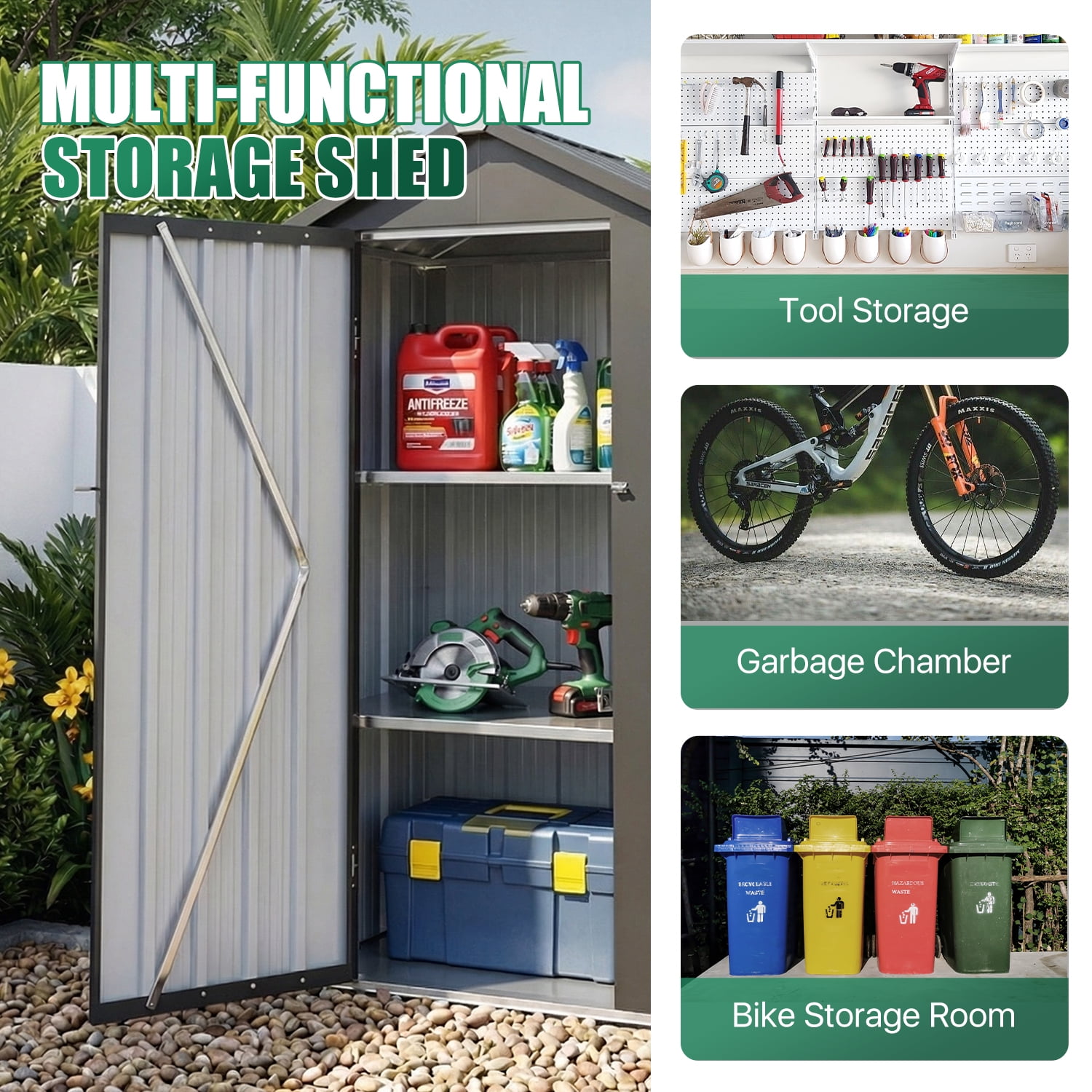 BaPiPro 3x2 ft Outdoor Storage Shed with Floor, Metal Shed with Shelves, Small Tool Shed, Metal Cabinet for Patio Backyard Garden