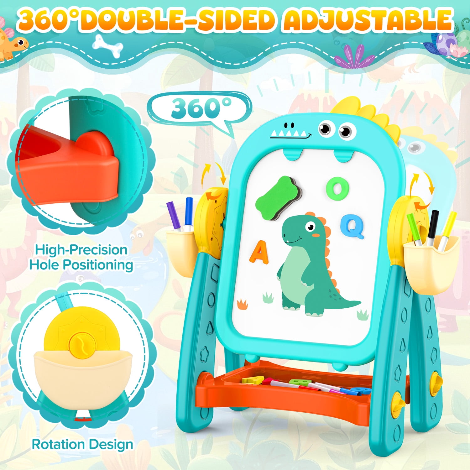 Huge Wave Dinosaur Easel for Kids, Double Sided Chalkboard and Whiteboard, Learning Board Games, Christmas Birthday Gift for Boys Girls Age 2-6 Years Old