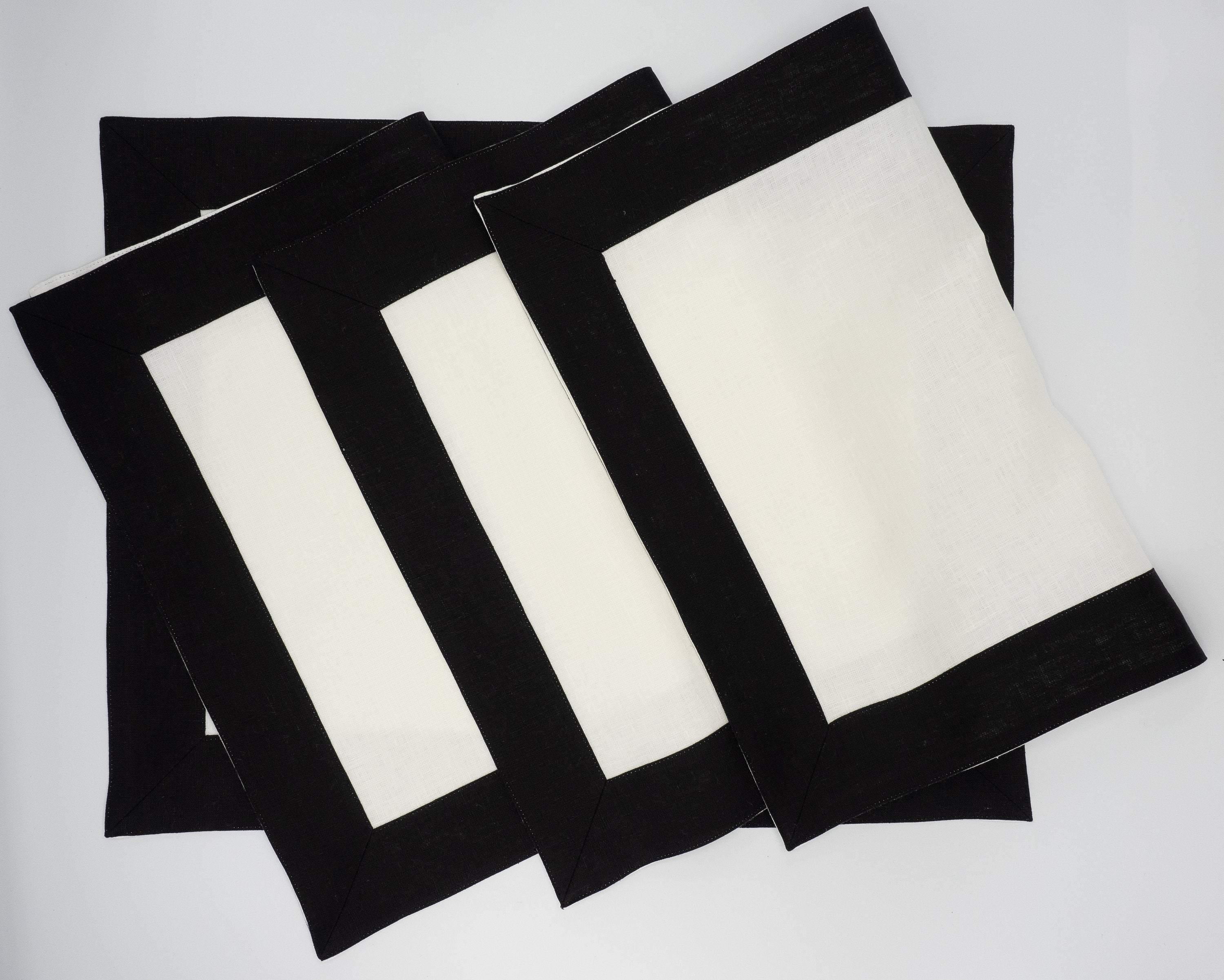 White Linen Placemats With Black Borders, Set of 4