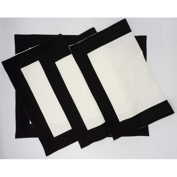 White Linen Placemats With Black Borders, Set of 4