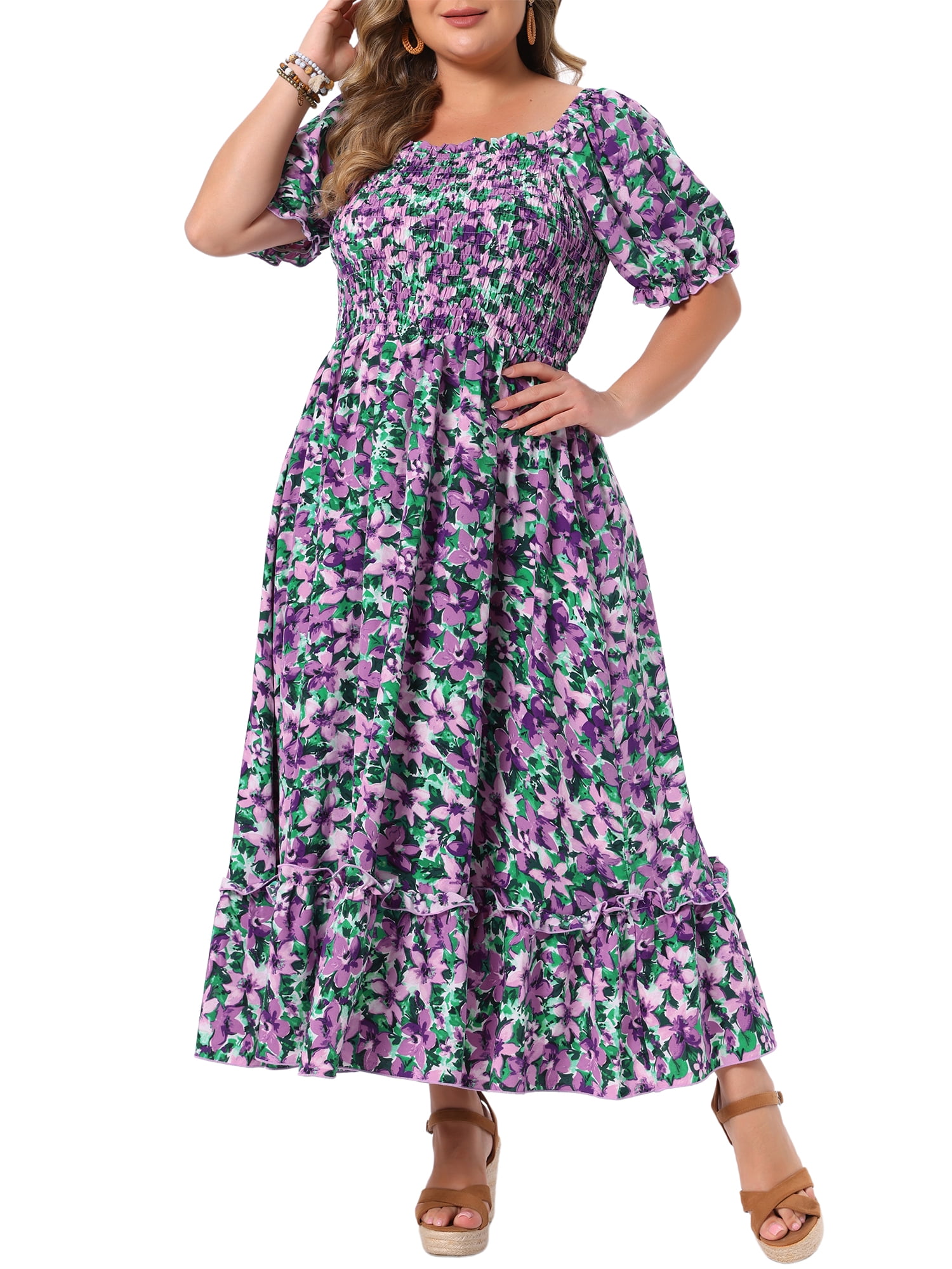 DARING DIVA Women's Plus Size Short Sleeve Square Neck Maxi Floral Dress 4X Purple