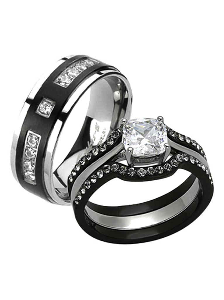 His & Her 4pc Black & Silver Stainless Steel & Titanium Wedding Ring Band Set 