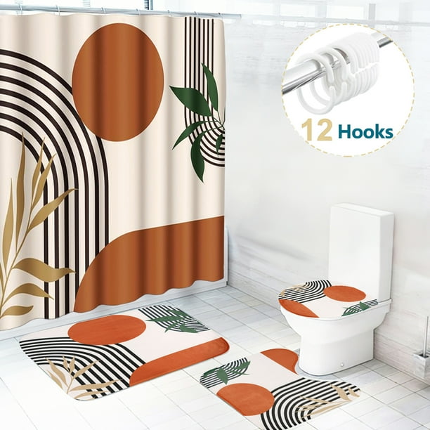 Juego de Cortina de Ducha Abstracta Boho Dznils con Alfombra, 16 Piezas, Camel, 72" x 72"