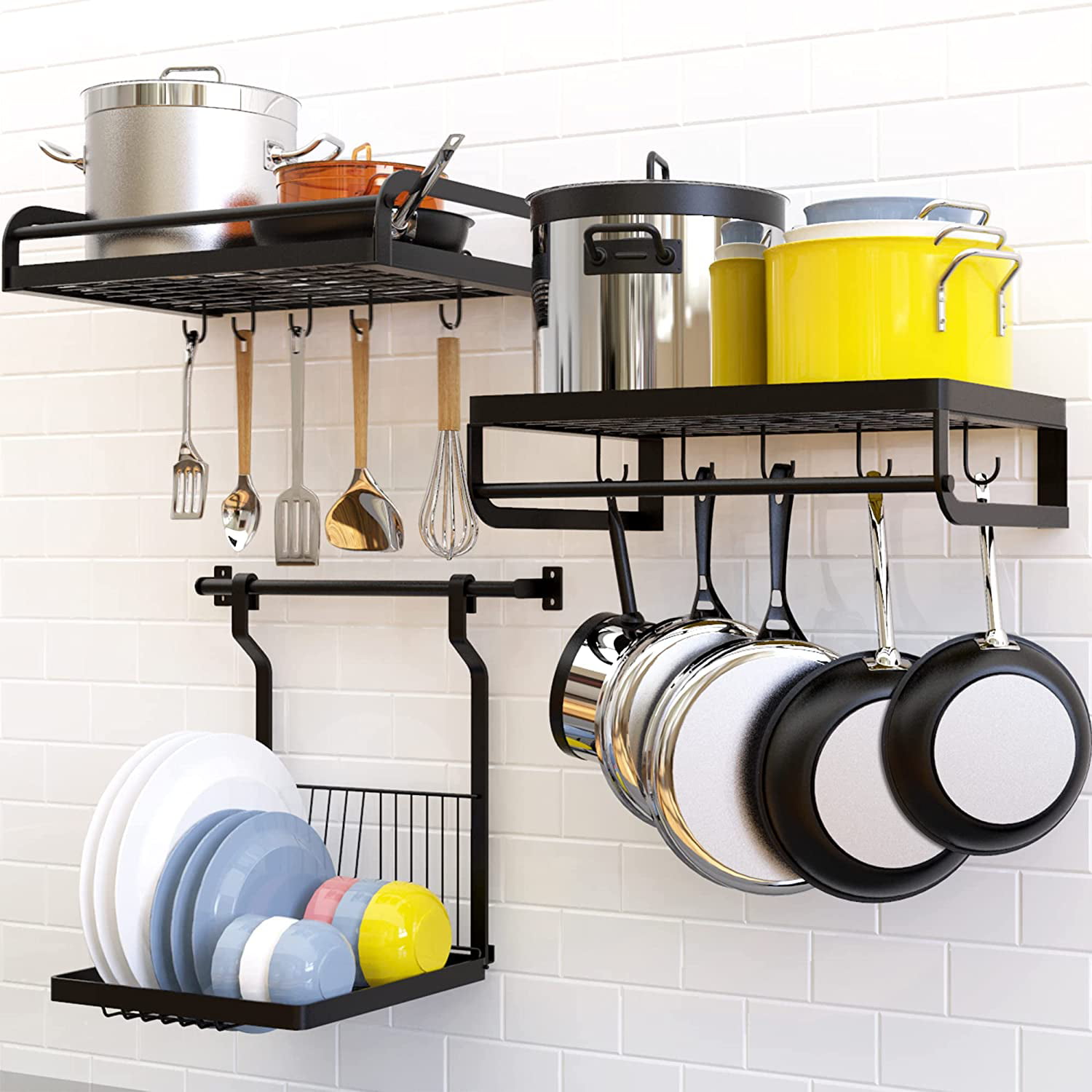 Kitchen Rack Wall Mounted Hanging Pan Pot and Spice Rack Cooker Shelf with 10 S-Shape Hooks Kitchen Rack and Pan Rack 