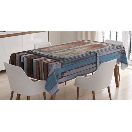 

Rustic Decor Tablecloth Wooden Colored Planks with Old Rusty Metal Ship Door Sea Life Print Rectangular Table Cover for Dining Room Kitchen 52 X 70 Inches Blue Brown and White by Ambesonne
