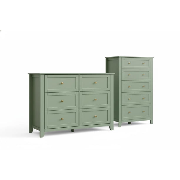 Cómoda Moderna de 6 Cajones - Cajonera Ancha de Madera con Amplio Espacio de Almacenamiento y Herrajes Metálicos - Ideal para Dormitorio, Habitación Infantil o Sala - Verde Oscuro