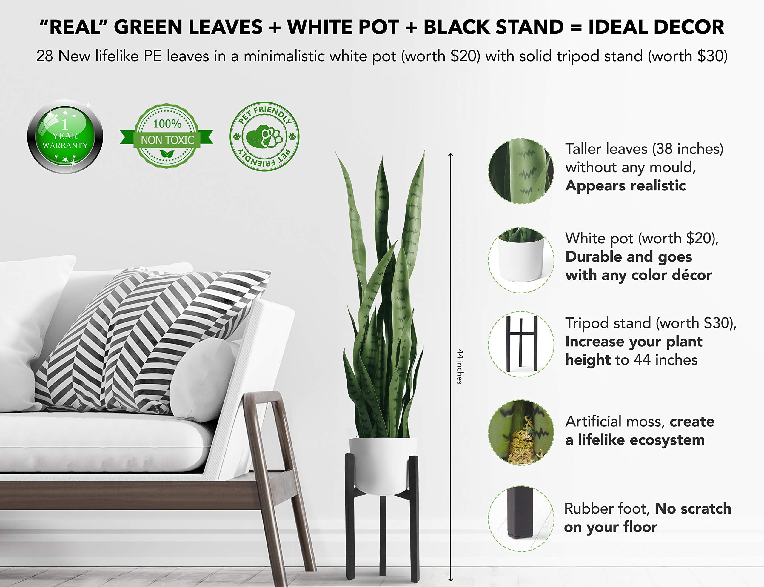 flybold Faux Snake Plant, Large Sansevieria with Durable Pot, Indoor Decor, 36 Inch