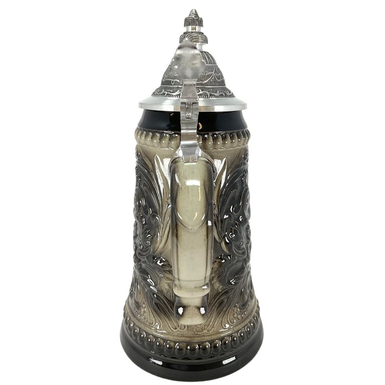 Authentic German Beer Stein - .5L Black Stoneware With Pewter Lid & 16 State Shields, Handmade In Germany