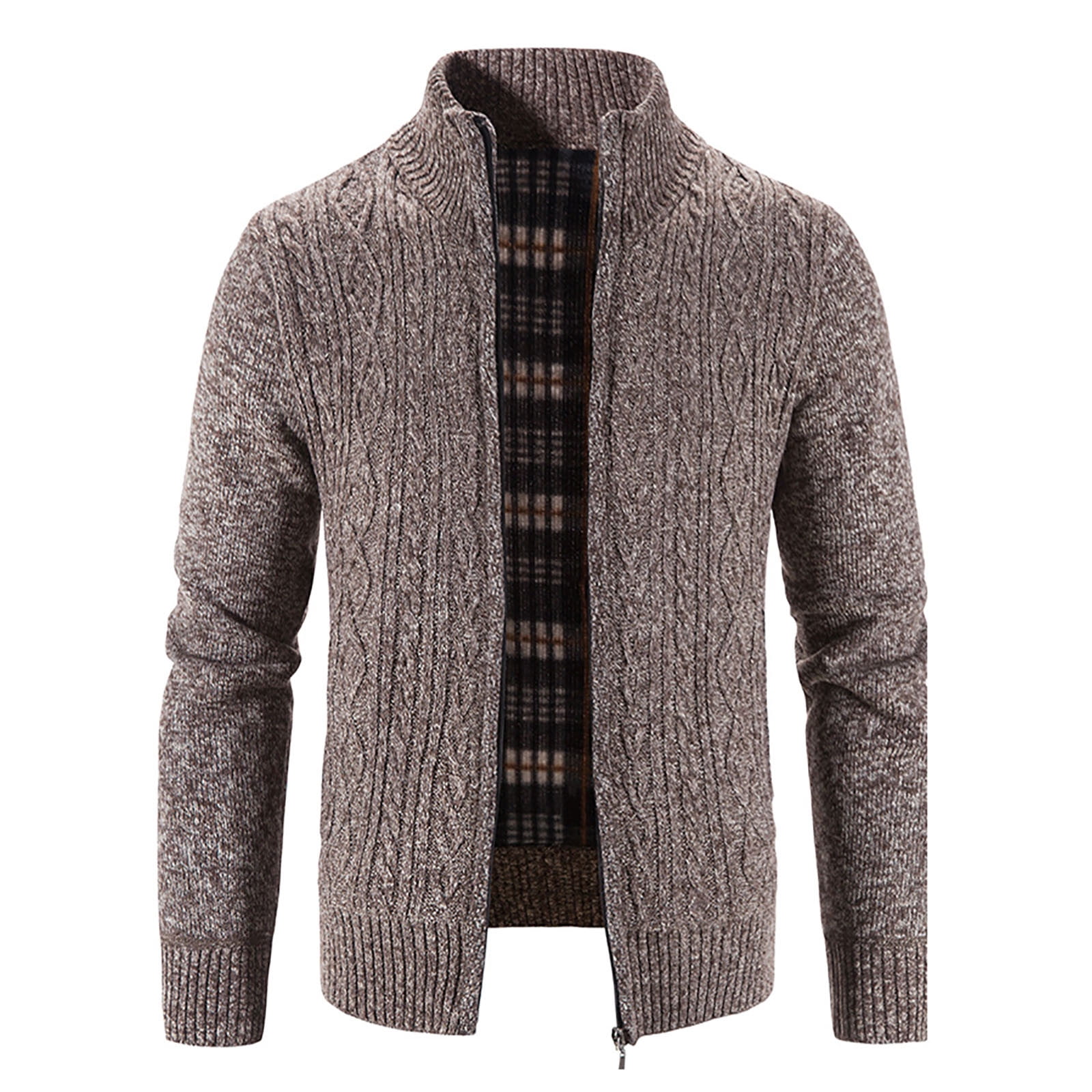 Mens Zip Up Knitted Cardigan Thick Sweater Stand Collar Fleece Lined ...