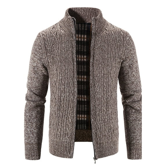 Lyinloo Mens Zip Up Knitted Cardigan Thick Sweater Stand Collar Fleece Lined Warm