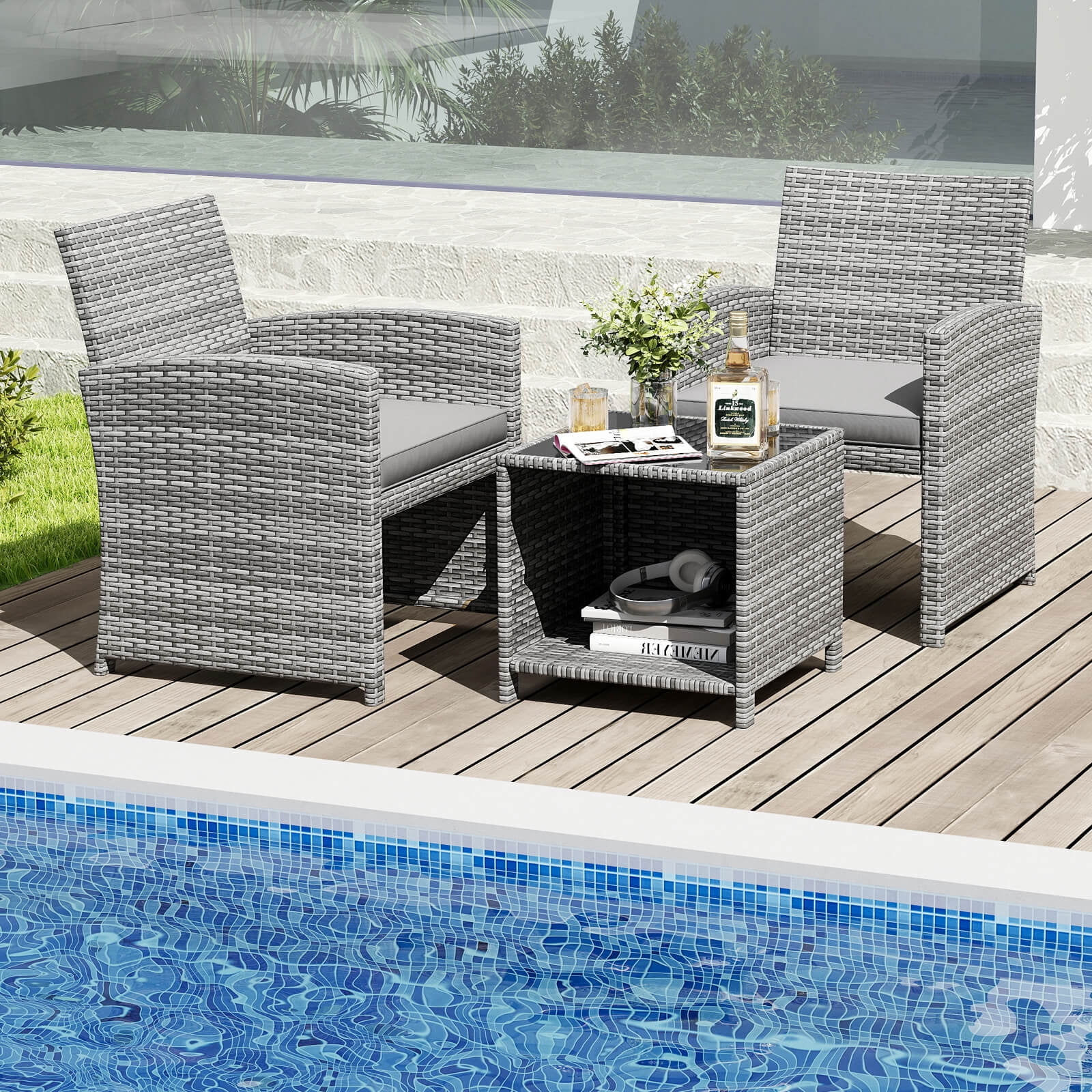 Costway 3 PCS Patio Furniture Set with Tempered Glass Coffee Table & Soft Seat Cushions Gray